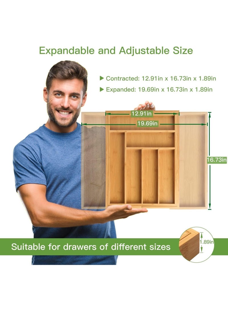 هابي هوم منظم أدراج قابل للتوسيع من الخيزران الطبيعي – حامل أدوات المطبخ بـ8 إلى 9 أقسام قابلة للتعديل لتخزين أدوات المائدة والسكاكين والملاعق، صينية فواصل أدراج خشبية متعددة الاستخدام للمطبخ وغرفة النوم وغرفة المعيشة، تصميم أنيق متين وسهل التنظيف - Image 3