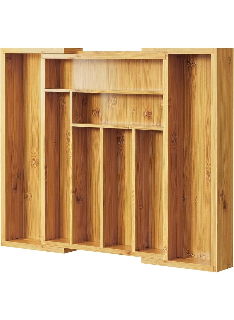 هابي هوم منظم أدراج قابل للتوسيع من الخيزران الطبيعي – حامل أدوات المطبخ بـ8 إلى 9 أقسام قابلة للتعديل لتخزين أدوات المائدة والسكاكين والملاعق، صينية فواصل أدراج خشبية متعددة الاستخدام للمطبخ وغرفة النوم وغرفة المعيشة، تصميم أنيق متين وسهل التنظيف - Image 1