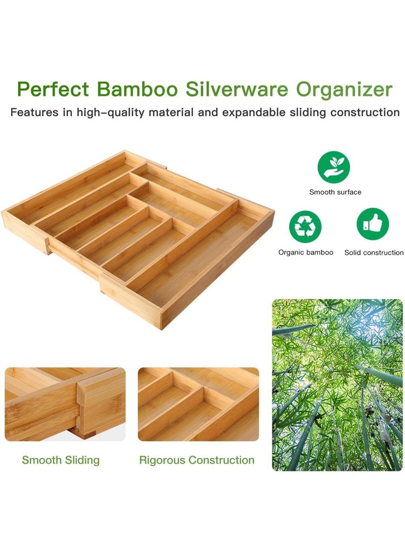 هابي هوم منظم أدراج قابل للتوسيع من الخيزران الطبيعي – حامل أدوات المطبخ بـ8 إلى 9 أقسام قابلة للتعديل لتخزين أدوات المائدة والسكاكين والملاعق، صينية فواصل أدراج خشبية متعددة الاستخدام للمطبخ وغرفة النوم وغرفة المعيشة، تصميم أنيق متين وسهل التنظيف - Image 4