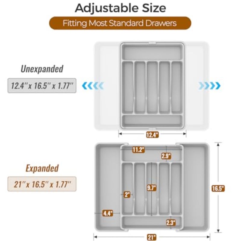 Extra Large Expandable Silverware Organizer, BPA-Free Food-Safe Cutlery Flatware Organizer, Kitchen Utensil Drawer Organizer, Adjustable Silverware Holder for Spoons Forks Knives - Image 3