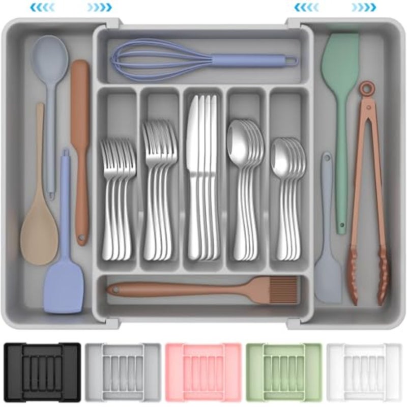Extra Large Expandable Silverware Organizer, BPA-Free Food-Safe Cutlery Flatware Organizer, Kitchen Utensil Drawer Organizer, Adjustable Silverware Holder for Spoons Forks Knives - Image 1