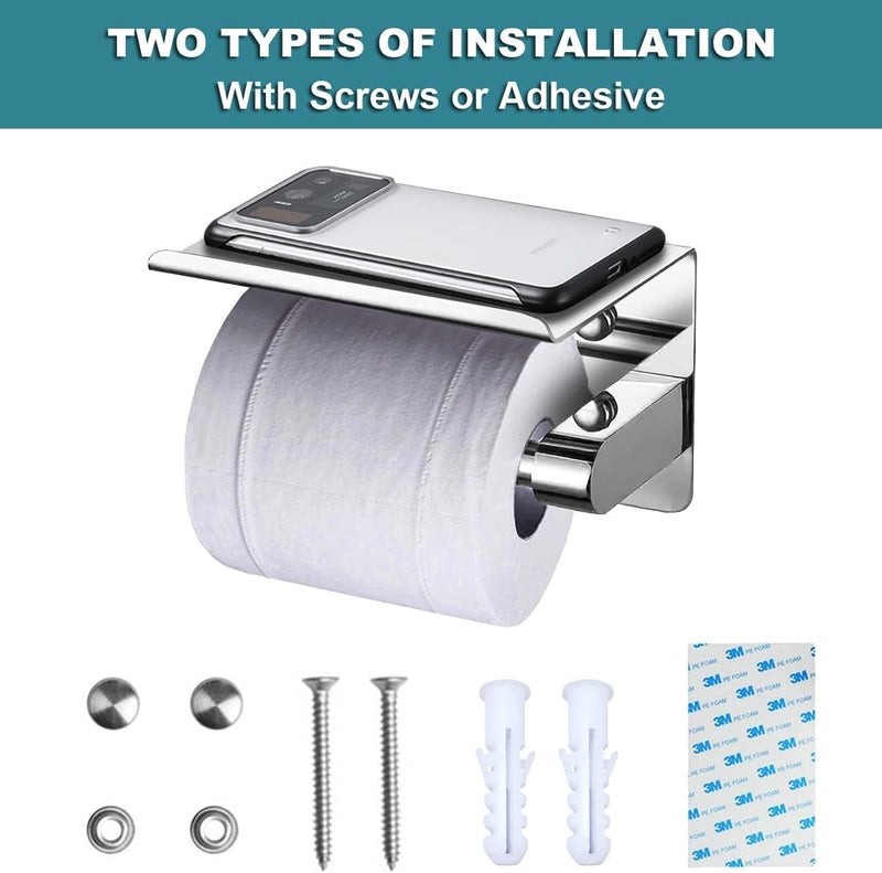 BLYPHOO Toilet Paper Holder with Shelf - 304 Stainless Steel, Self-Adhesive and Wall Mounted, Polished Chrome - Image 3