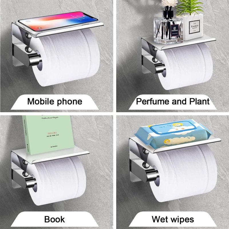 BLYPHOO Toilet Paper Holder with Shelf - 304 Stainless Steel, Self-Adhesive and Wall Mounted, Polished Chrome - Image 5