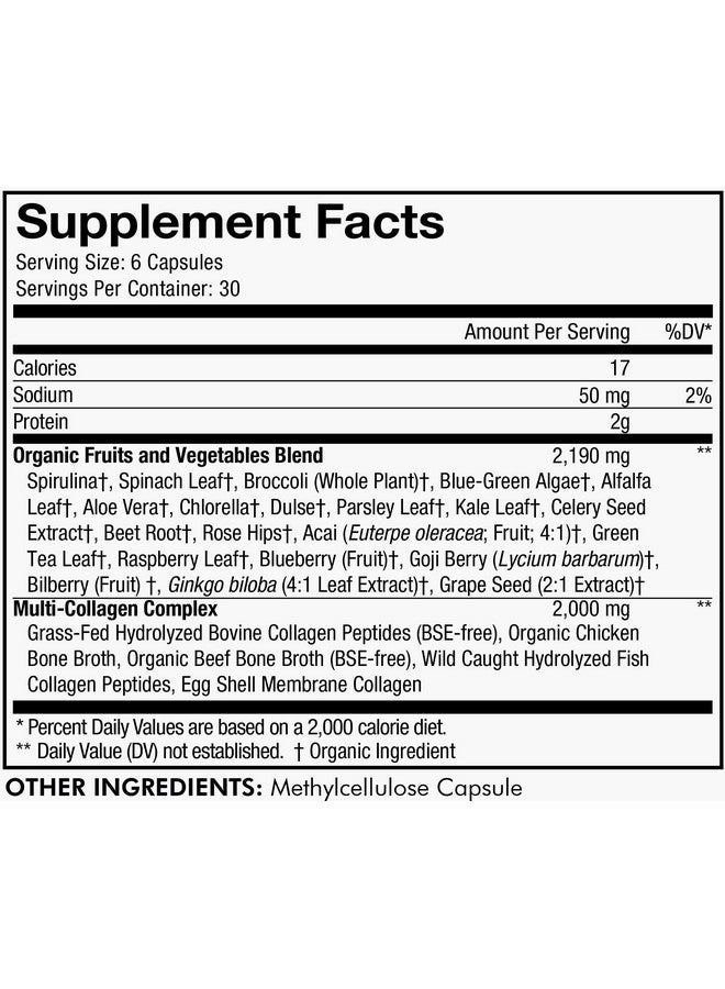 Codeage Multi Collagen Protein + Organic Raw Greens Superfood Capsules Supplement 21 Fruits & Veggies Grassfed Hydrolyzed Collagen Peptides 5 Types Allinone 180 Count - Image 4