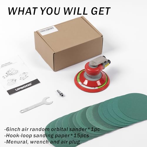 UPWOOD Pneumatic random orbital sander 6-inch light weight palm sander 3/16" (5 mm) diameter orbit 12000 RPM with extra 15pcs sandpaper - Image 2