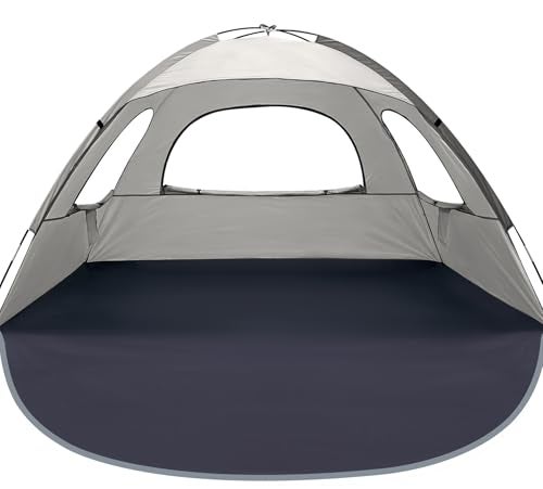 WhiteFang Beach Tent AntiUV Portable Sun Shade Shelter for 4 Person Extendable Floor with 3 Ventilating Mesh Windows Plus Carrying Bag Stakes and Guy Lines Babys Breath - Image 1