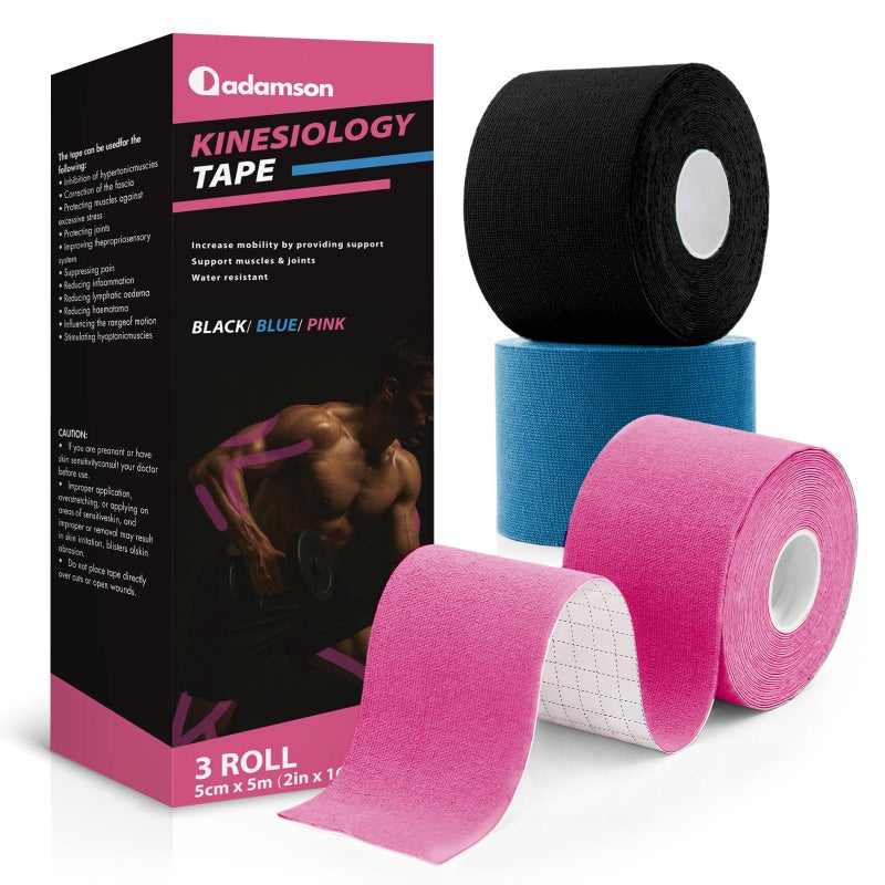Adamson Kinesiology Tape â€“ Sports & Athletic Tape 2 in x 16 ft â€“ Elastic, Latex-Free, Water-Resistant Muscle Support Tape â€“ 3 Rolls (Black, Blue, Pink) â€“ for Training & Recovery - Image 1