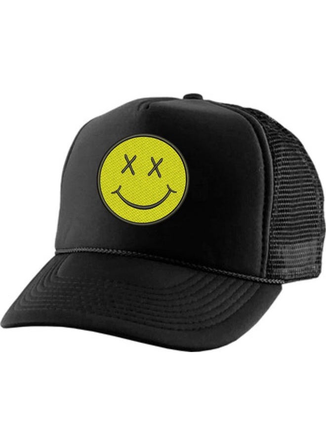 ALLNTRENDS Adult Trucker Hat Smile Face Embroidered Baseball Cap Adjustable Snapback (Black) - Image 1