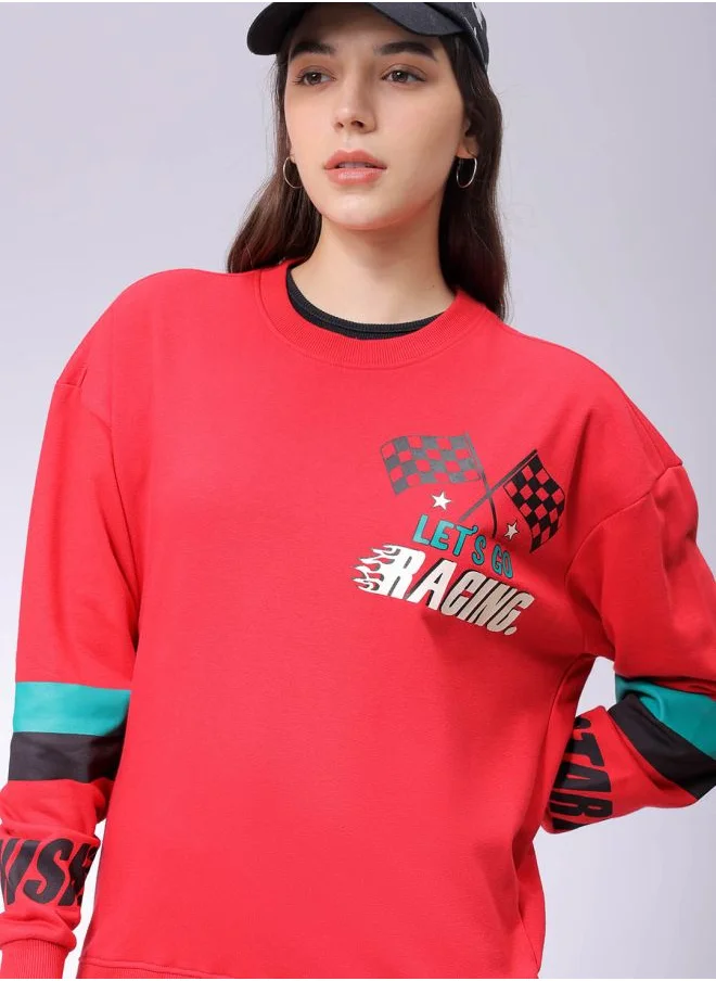 Freehand Women Boxy Multicolour Printed Round Neck Long Sleeve Sweatshirt