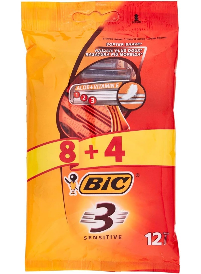 Bic 3 Sensitive Mens Triple Blade Disposable Shaver Pack Of 8+4 Free - Image 1
