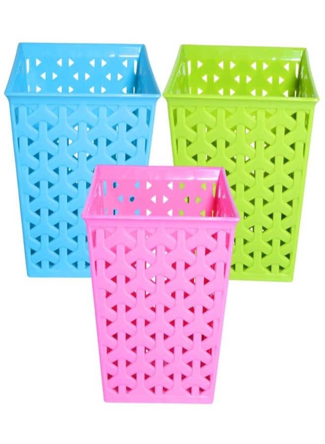 MORVI Linea Square Plastic Multipurpose Organizer For Kitchen, Bathroom, Salon, Office|Stationery,Cutlery,Pen,Makeup Brushes Holder|Hanging Toothbrush Stand |Pack Of 3 | BLUE GREEN PINK - Image 1