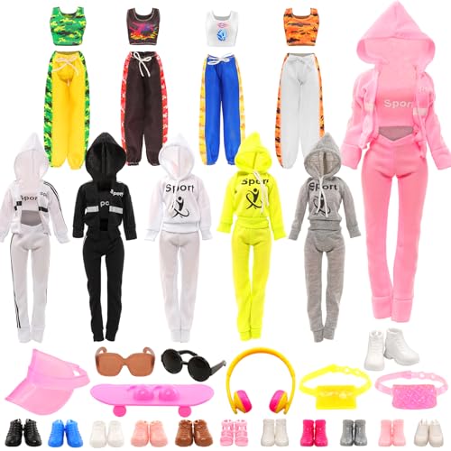 ENOCHT 16 Pcs Doll Clothes and Accessories Including Multiple Styles Sports Suit Tops Pants Sun Hat Pocket Scooter Sunglasses Headset with 5 Shoes for 115 inch Girl Dolls - Image 1