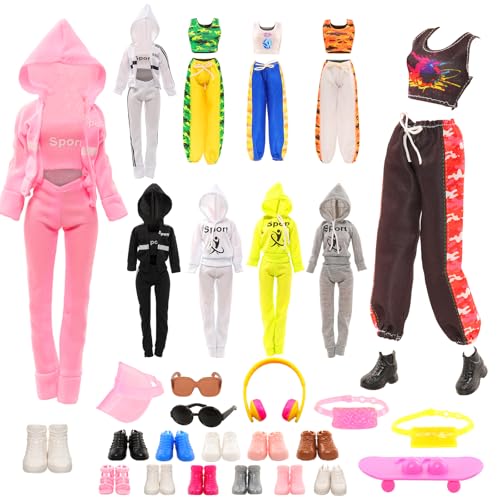 ENOCHT 16 Pcs Doll Clothes and Accessories Including Multiple Styles Sports Suit Tops Pants Sun Hat Pocket Scooter Sunglasses Headset with 5 Shoes for 115 inch Girl Dolls - Image 5