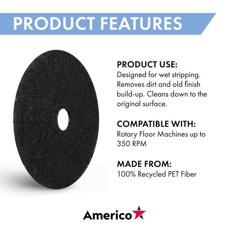 Americo Black Strip Stripping Floor Pad, 19" Diameter, 3.25" Center Hole, 5 Pads/Case, Made of 100% Recycled Content, USA Made - Image 4