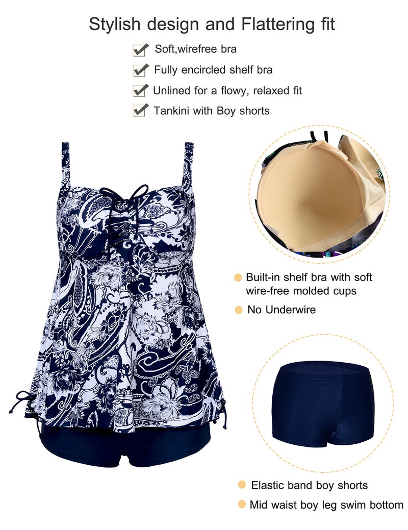 Septangle Plus Size Bathing Suit for Women Athletic Two Piece Swimsuit with Shorts Tankini Swimsuits for Large Busted Long Torso Swimming Suits, White and Navy Blue Floral, US24 - Image 4