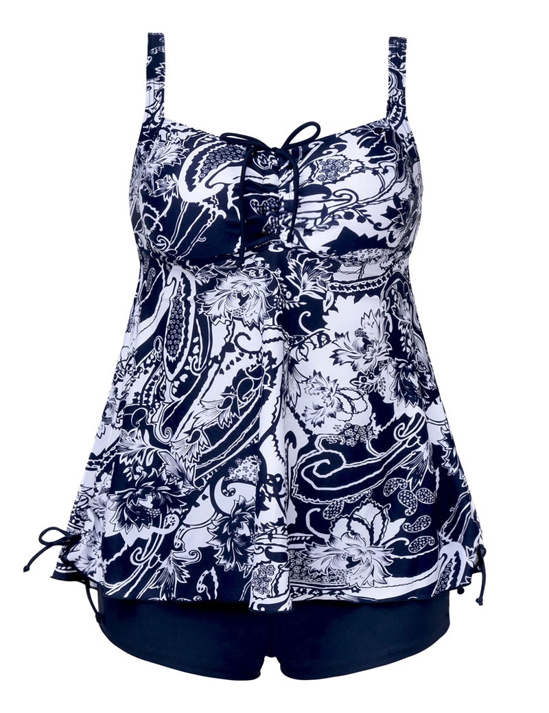 Septangle Plus Size Bathing Suit for Women Athletic Two Piece Swimsuit with Shorts Tankini Swimsuits for Large Busted Long Torso Swimming Suits, White and Navy Blue Floral, US24 - Image 1