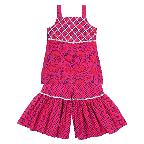 superminis Baby Girls Cotton Sanganeri Printed Long Without Sleeves Kurti and Sharara Dress with Gotta Work (Pink, 4-5 Years) - Image 1