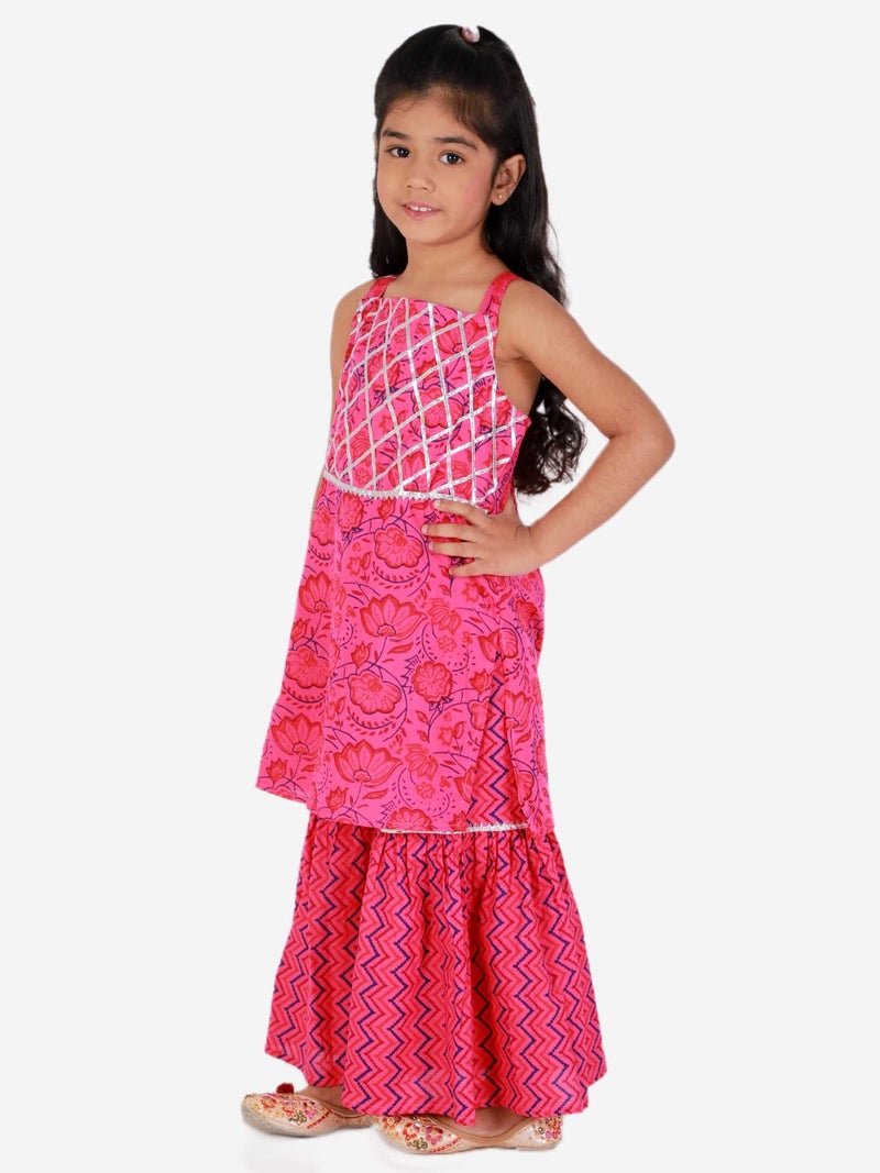 superminis Baby Girls Cotton Sanganeri Printed Long Without Sleeves Kurti and Sharara Dress with Gotta Work (Pink, 4-5 Years) - Image 4
