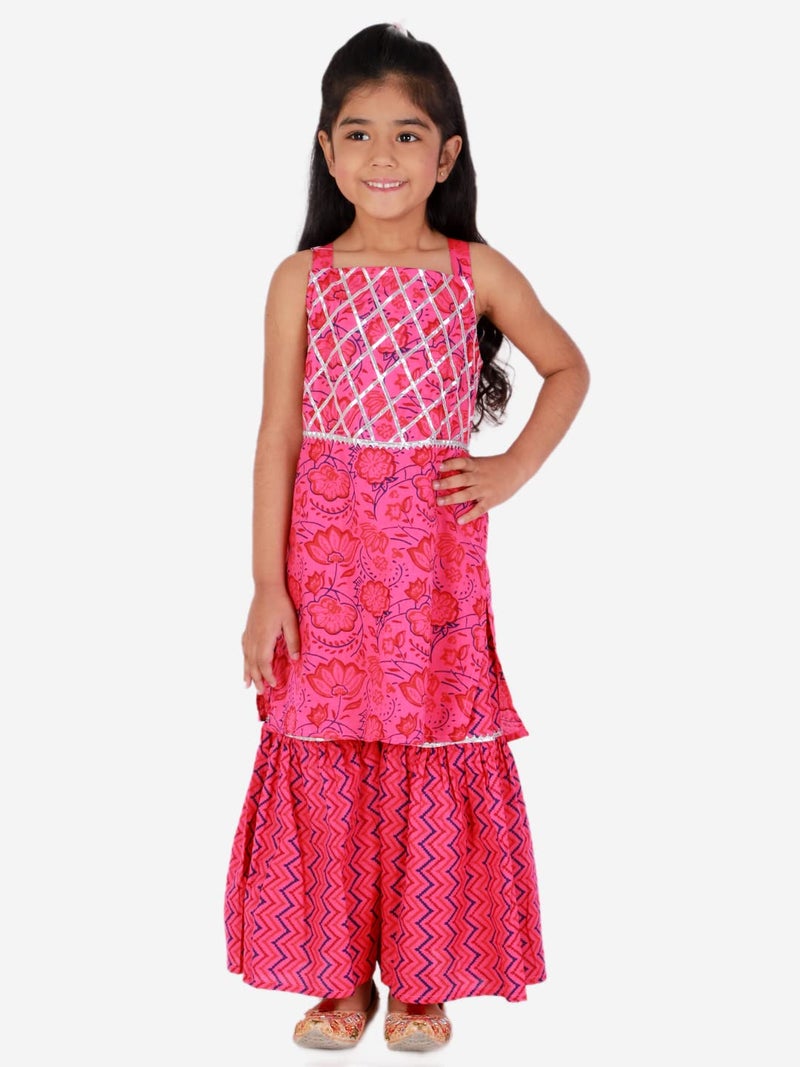 superminis Baby Girls Cotton Sanganeri Printed Long Without Sleeves Kurti and Sharara Dress with Gotta Work (Pink, 4-5 Years) - Image 2