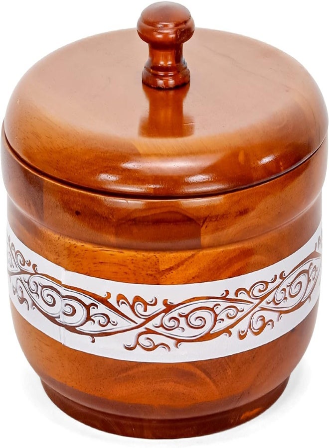 AKDC Wooden Bowl With Lid Brown Color With White Texture Hot Pot Food Dish Bowls Serving Dishes With Lids Storage Containers, Casserole Box Chapatti Hotpot Dining Kitchen Tableware (S - 18 Cm) - Image 3