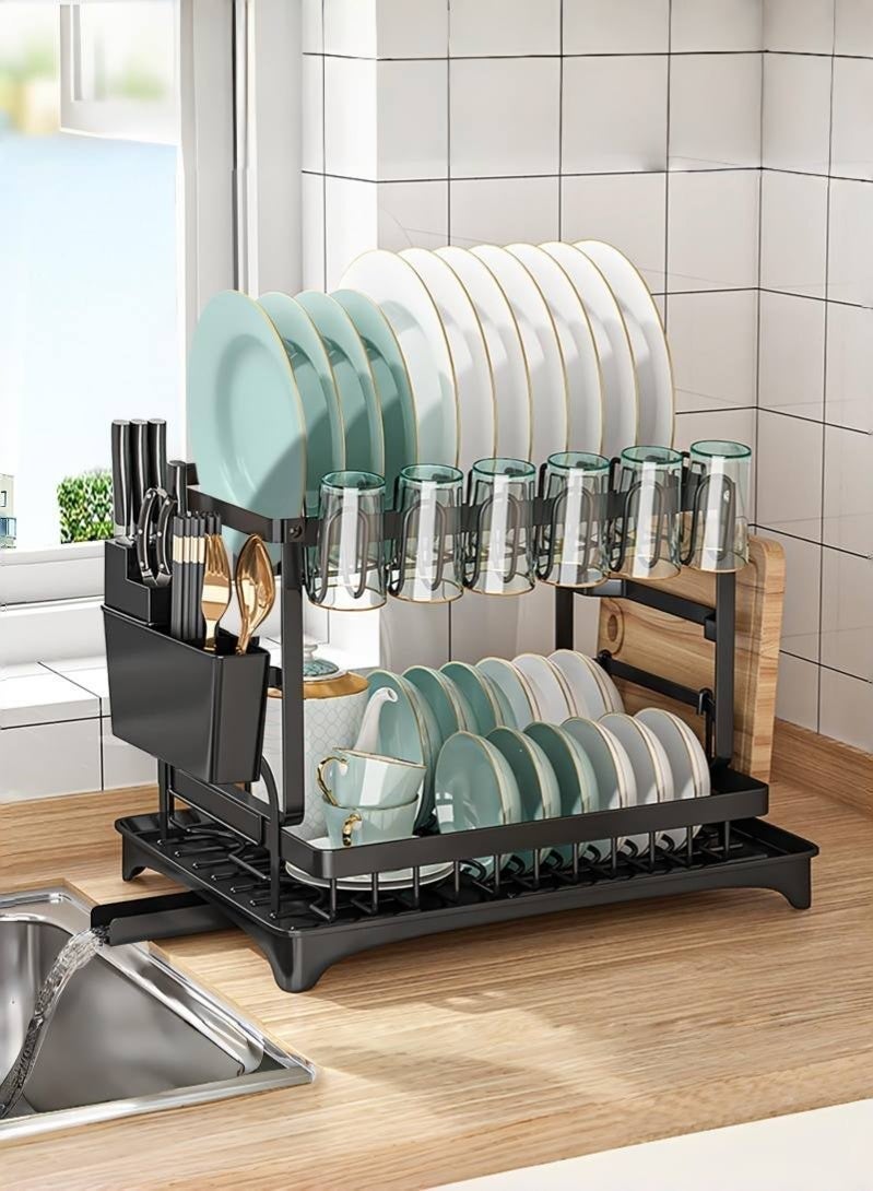 Dish Drying Rack Stainless Steel Rustproof Kitchen Counter Organizer, Space-Saving with Cutlery Cup Holders and Draining Tray, Multifunctional Dish Drainer (Black) - Image 1