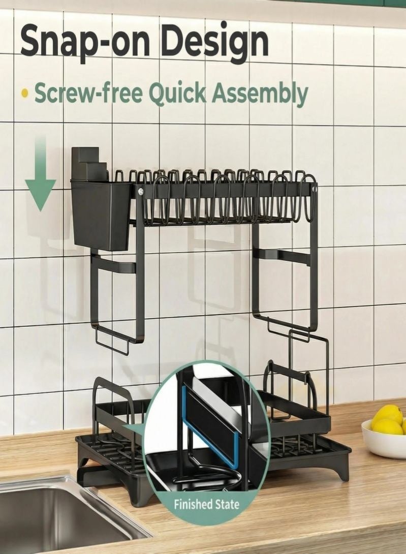 Dish Drying Rack Stainless Steel Rustproof Kitchen Counter Organizer, Space-Saving with Cutlery Cup Holders and Draining Tray, Multifunctional Dish Drainer (Black) - Image 2