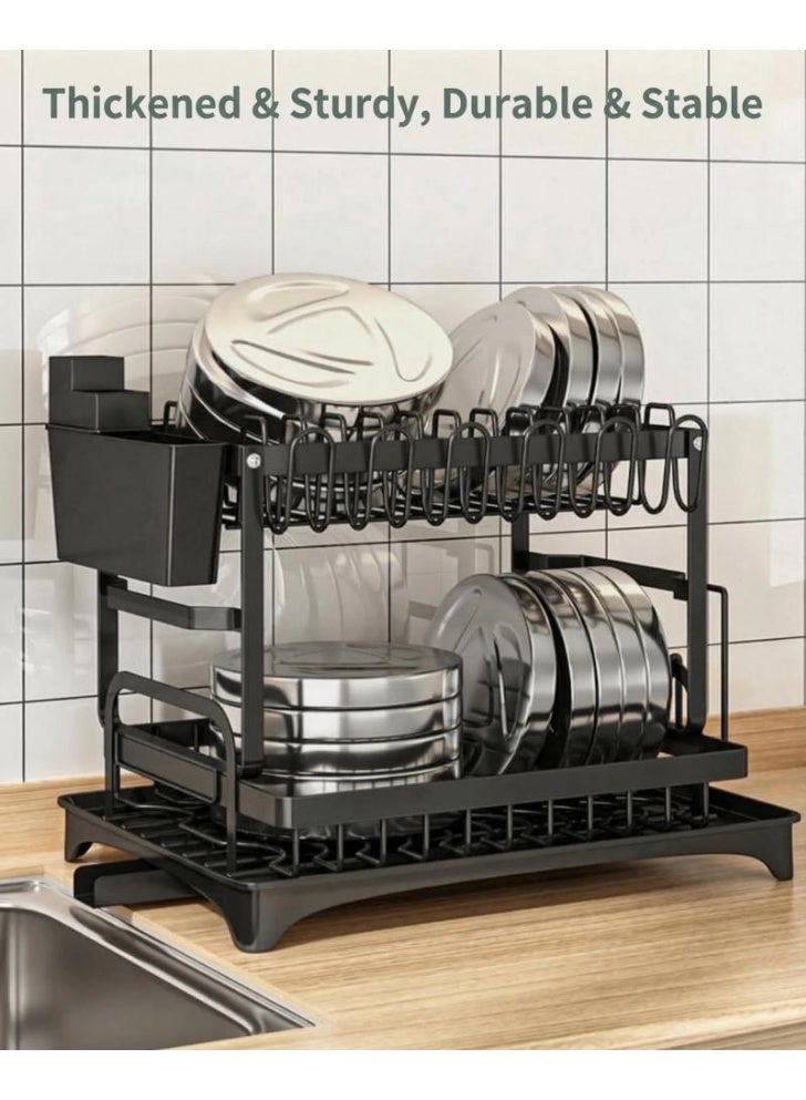 Dish Drying Rack Stainless Steel Rustproof Kitchen Counter Organizer, Space-Saving with Cutlery Cup Holders and Draining Tray, Multifunctional Dish Drainer (Black) - Image 3