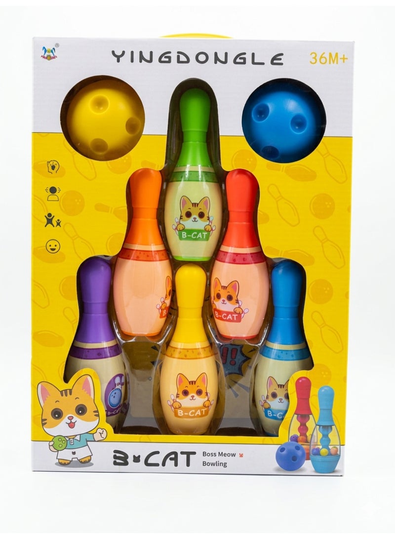 🎳 لعبة البولينج للأطفال B-CAT – تصميم كرتوني لطيف بألوان زاهية يجذب الأطفال ويشجعهم على اللعب. 🐱 💡 تضم 6 أقماع + كرة خفيفة وآمنة، مثالية لتنمية التركيز والتنسيق الحركي للأطفال +3 سنوات.