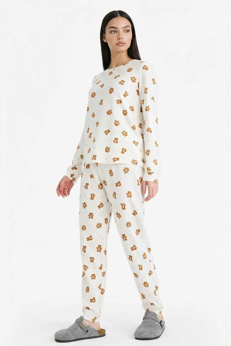 ديفاكتو Regular Fit Teddy Bear Patterned Top Bottom 2 Piece Pyjamas Set