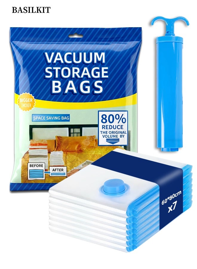 BASILKIT 7-Piece Vacuum Storage Bags 60x80cm,Reusable Compression Space Saving Bags ,Foldable, Durable and Space Saver , with Free Hand Pump for Packing Clothes andBedding for Travel - Image 1