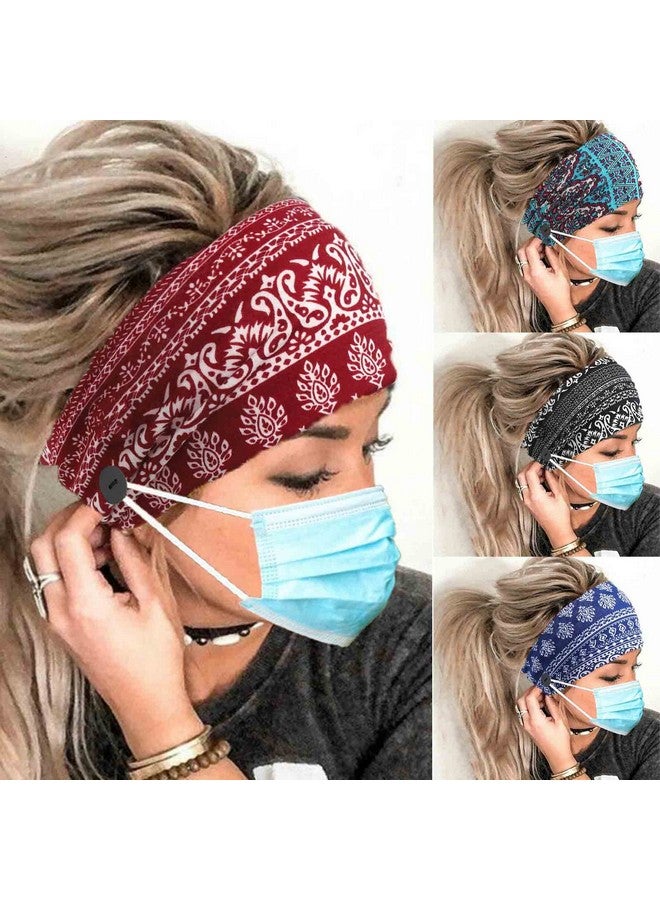 Olbye Leopard Button Headband Wide Elastic Nurse Head Bands Workout Yoga Sports Hair Band Non Slip Turban Headwrap Mask Ear Saver Sweatband Boho Hair Accessories For Women And Girls 4Pcs (4 Boho) - Image 1
