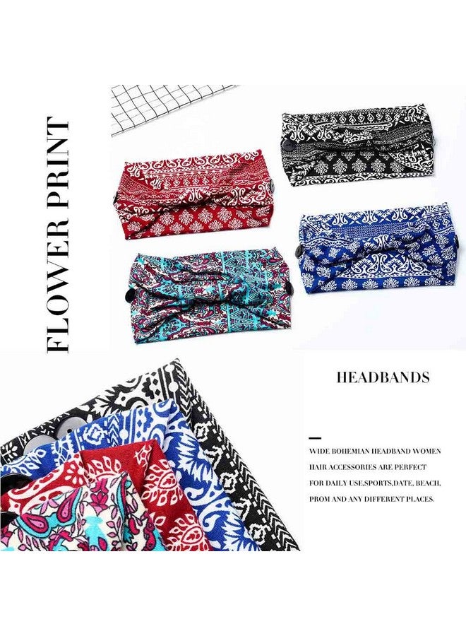 Olbye Leopard Button Headband Wide Elastic Nurse Head Bands Workout Yoga Sports Hair Band Non Slip Turban Headwrap Mask Ear Saver Sweatband Boho Hair Accessories For Women And Girls 4Pcs (4 Boho) - Image 2