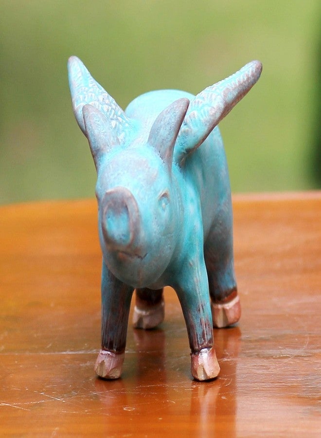 NOVICA Artisan Handmade Ceramic Figurine of Winged Blue Pig from Thailand Sculpture Animal Themed NAT Geo Gifts [3.5in H x 3in W x 5.5in D] ' Blue Flying Pig' - Image 5