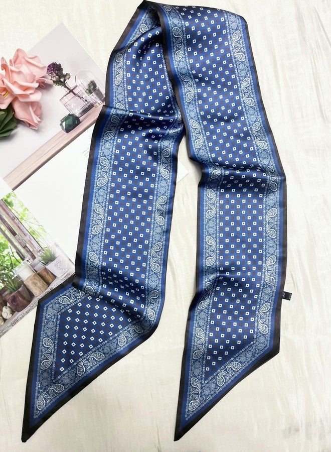 Julunar Hair Scarf for Women Silky Long Neck Head Scarves Purse Bag Scarfs for Handbag Satin Headscarf, 028.blue Grid, long - Image 4