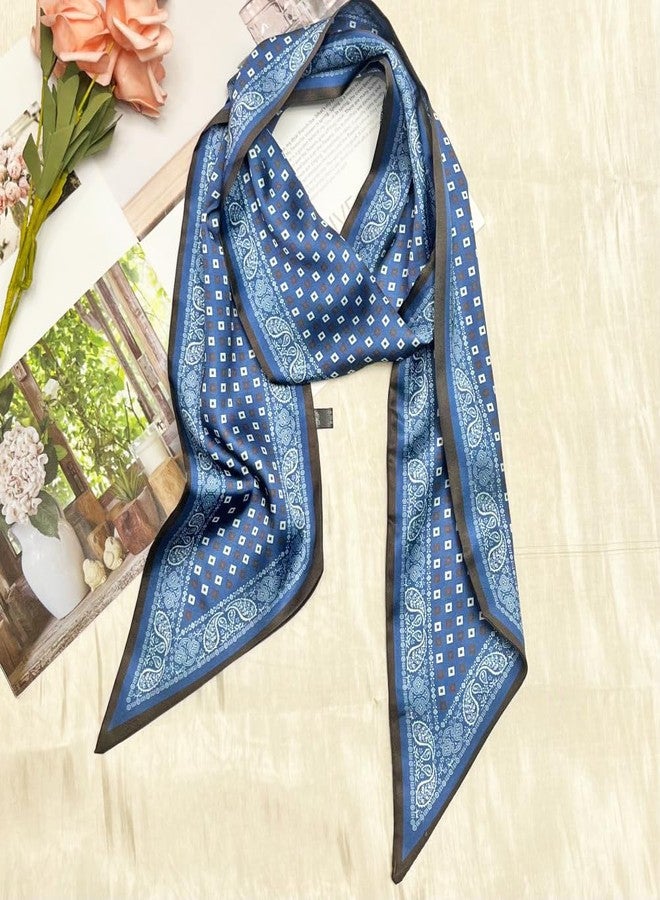 Julunar Hair Scarf for Women Silky Long Neck Head Scarves Purse Bag Scarfs for Handbag Satin Headscarf, 028.blue Grid, long - Image 3