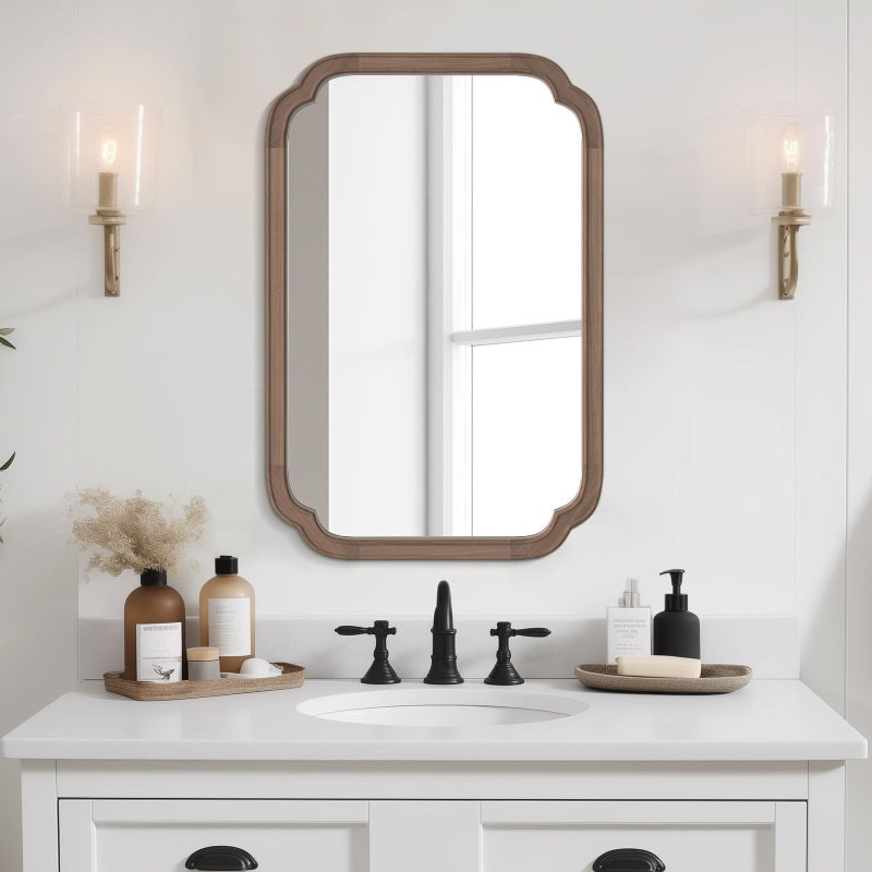 WallBeyond 20" x 30" Rounded Corner Arch Wall Mirror with Wood Frame for Entryway, Living Room or Bedroom Home Decor - Light Woodgrain [20" x 30" Walnut] - Image 1