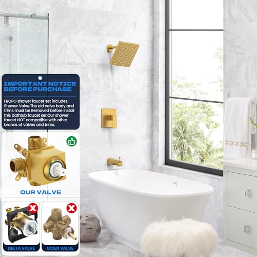 FROPO Brushed Gold Tub Shower Faucet Set With Valve 8Inch Square Gold Shower Head and Tub Faucet Set Shower Faucet Set With Rain shower Head and Tub Spout HighPressure Tub Shower Trim Kit - Image 3