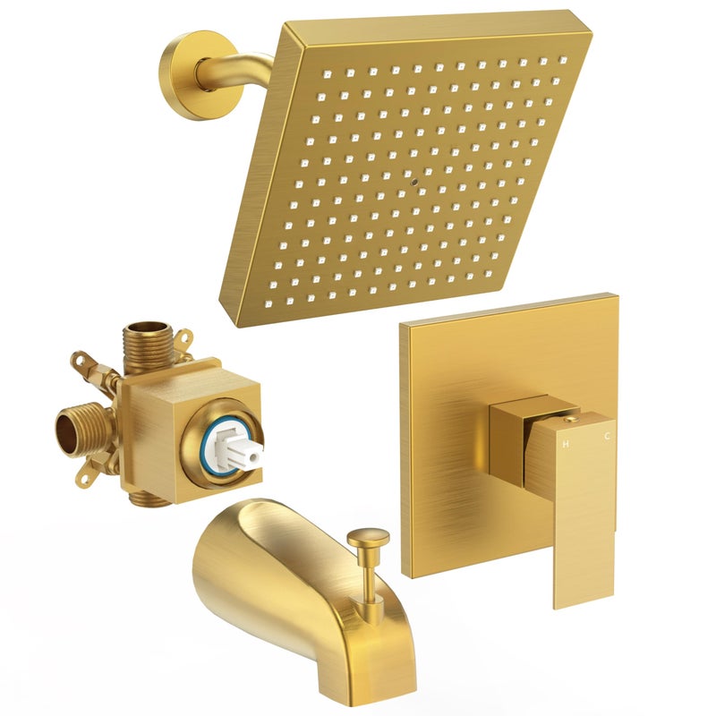 FROPO Brushed Gold Tub Shower Faucet Set With Valve 8Inch Square Gold Shower Head and Tub Faucet Set Shower Faucet Set With Rain shower Head and Tub Spout HighPressure Tub Shower Trim Kit - Image 2