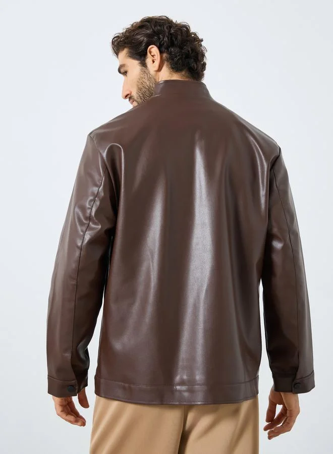 Styli Men Relaxed Fit Leather Look Jacket with Zip