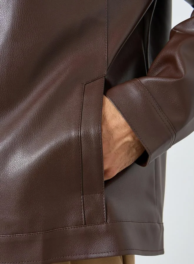 Styli Men Relaxed Fit Leather Look Jacket with Zip