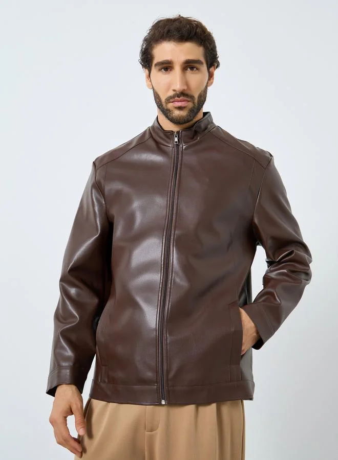 Styli Men Relaxed Fit Leather Look Jacket with Zip