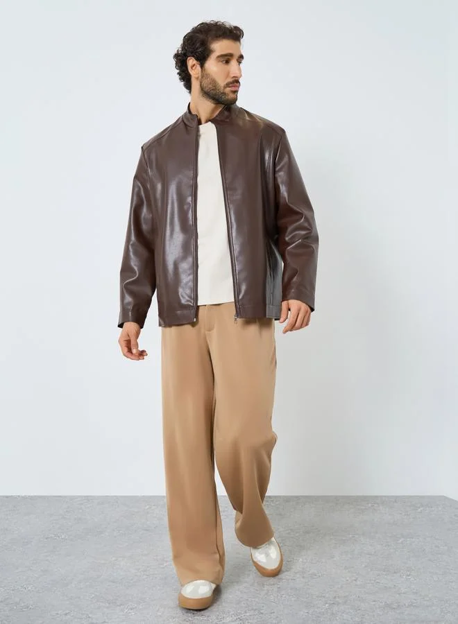 Styli Men Relaxed Fit Leather Look Jacket with Zip