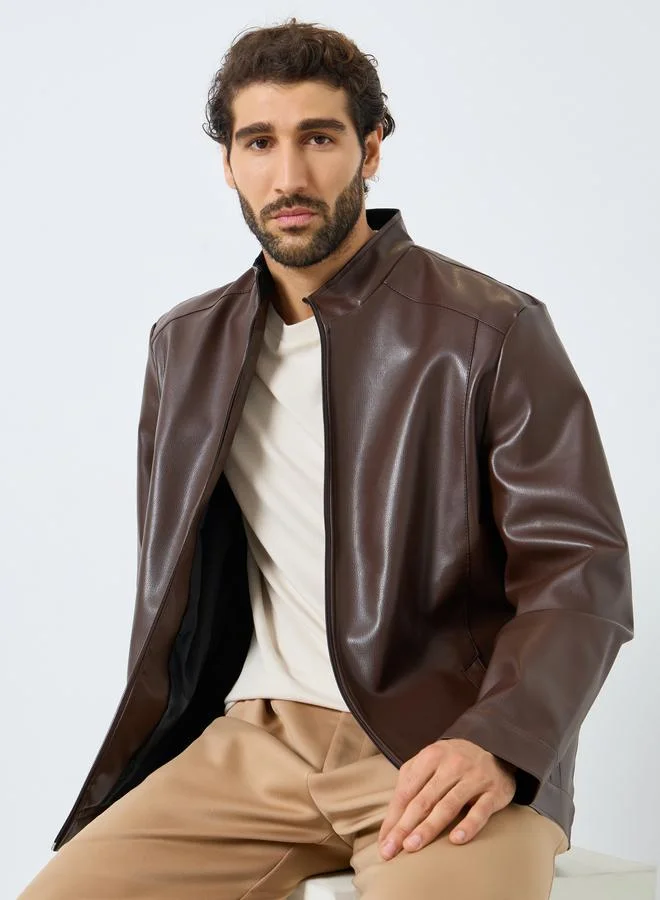Styli Men Relaxed Fit Leather Look Jacket with Zip