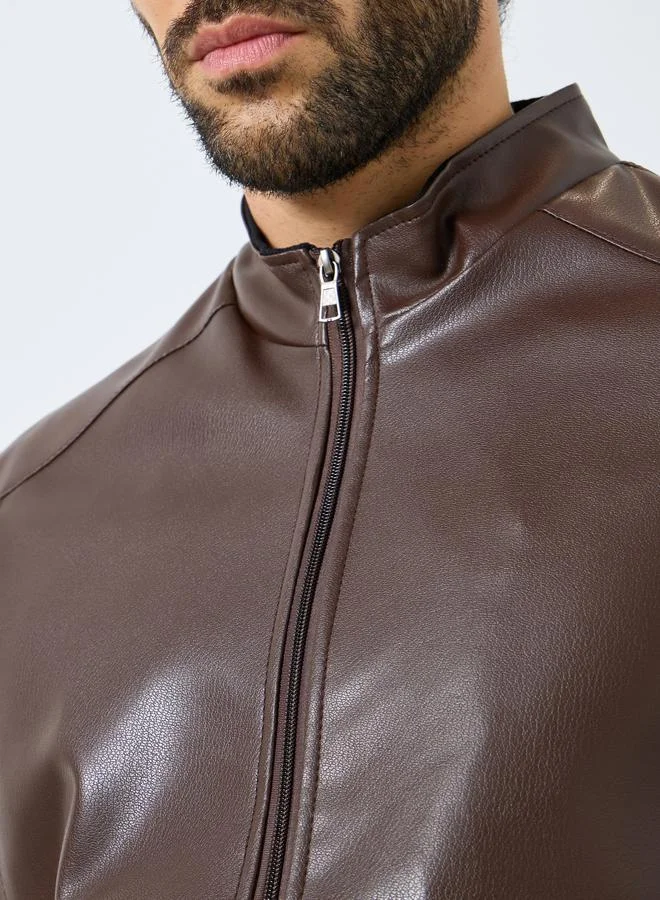 Styli Men Relaxed Fit Leather Look Jacket with Zip