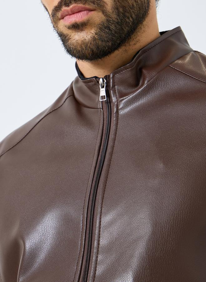 ستايلي جاكيت بمظهر الجلد مع قصة مريحة وسحَّاب - Image 4