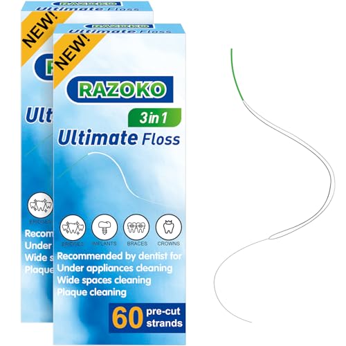 RAZOKO 3in1 Floss for Braces 120 PreCut Strands Floss Threaders Spongy Regular Floss for Bridges Wide Gaps