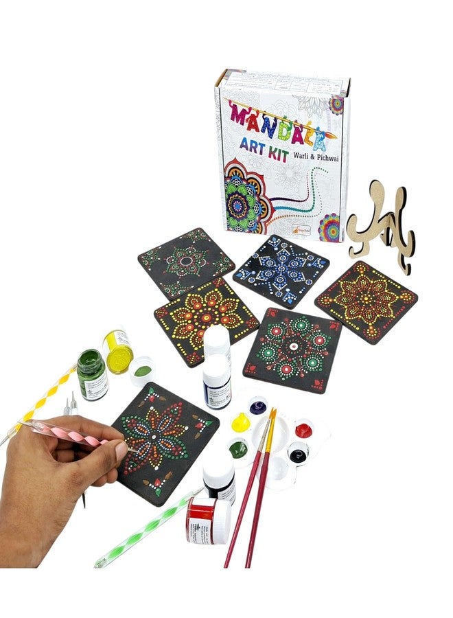 StepsToDo Wooden Dot Mandalas Paint Kit (H) - DIY Tea Coaster Set with Holder | 6 Square MDF Coasters, Acrylic Colours, Dotting Tools, Brushes & Stand | Mandala Art Kit for Beginners & Artists - Image 2