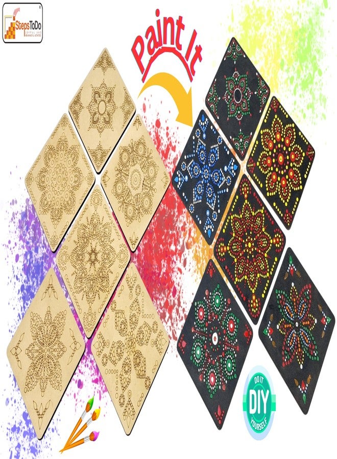 StepsToDo Wooden Dot Mandalas Paint Kit (H) - DIY Tea Coaster Set with Holder | 6 Square MDF Coasters, Acrylic Colours, Dotting Tools, Brushes & Stand | Mandala Art Kit for Beginners & Artists - Image 4