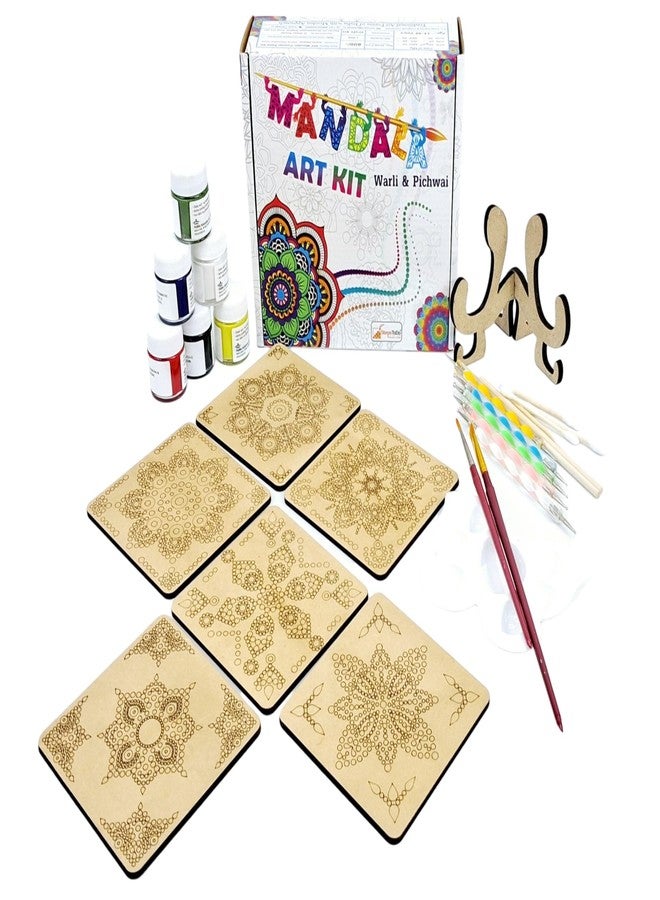 StepsToDo Wooden Dot Mandalas Paint Kit (H) - DIY Tea Coaster Set with Holder | 6 Square MDF Coasters, Acrylic Colours, Dotting Tools, Brushes & Stand | Mandala Art Kit for Beginners & Artists - Image 1