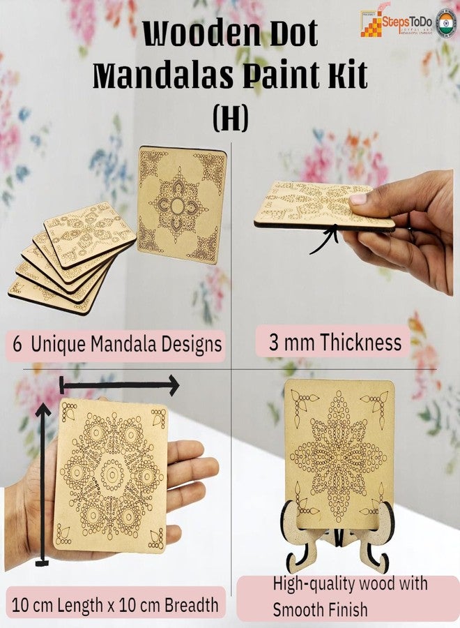 StepsToDo Wooden Dot Mandalas Paint Kit (H) - DIY Tea Coaster Set with Holder | 6 Square MDF Coasters, Acrylic Colours, Dotting Tools, Brushes & Stand | Mandala Art Kit for Beginners & Artists - Image 3